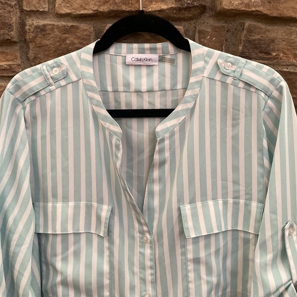 Calvin Klein mint green and white striped blouse. XL - Picture 6 of 10